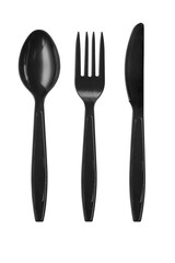 Disposable recycled plastic spoons, fork and knife on a white