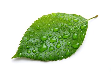 Vibrant green leaf glistening with fresh water droplets after a refreshing rain shower, symbolizing nature's purity and renewal
