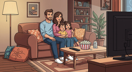 A family of four sits together on a couch in their living room, watching television.
