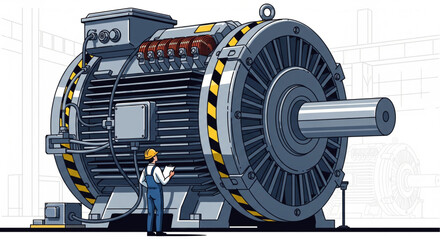 Illustration of a worker inspecting a large industrial electric motor with yellow and black safety stripes.