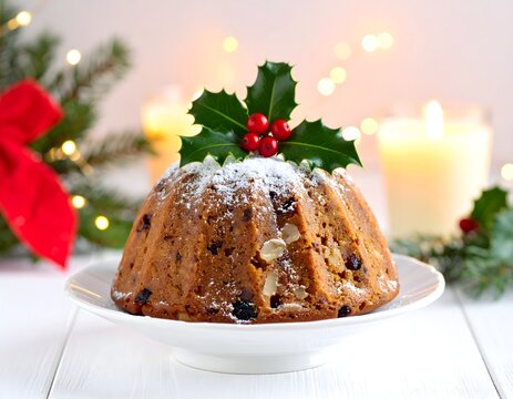 Christmas Pudding with Holly and Candles
