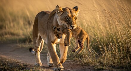 A lioness carrying a cub in her mouth walks through tall grass on a dirt path with warm lighting.