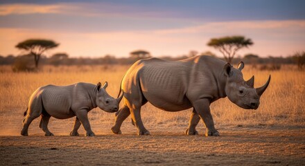 Fototapeta premium A large adult rhinoceros and a smaller juvenile rhinoceros walking side by side in a savannah landscape with trees and