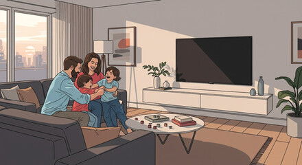 A family enjoys quality time together in a modern living room, laughing and playing.