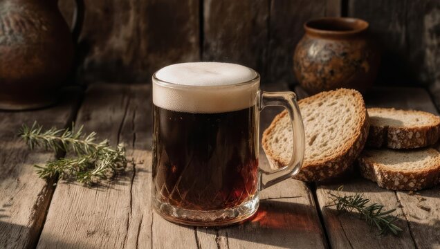 Traditional Kvass Drink with Bread Slices on Rustic Wooden Table.