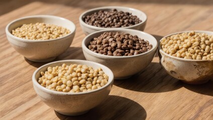 Obraz premium Variety of Beans in Bowls on Wooden Surface.