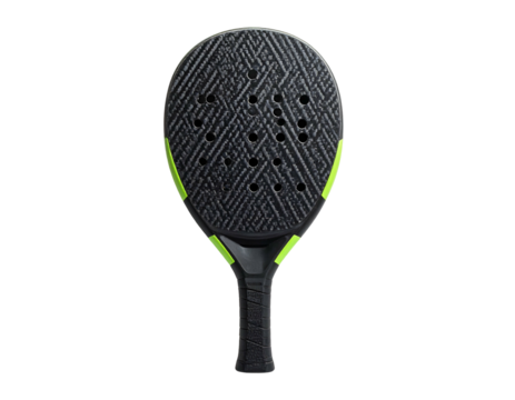 A dark, textured paddle with a green accent, ready for athletic competition