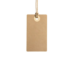 A plain brown tag with a string, hanging against a black background