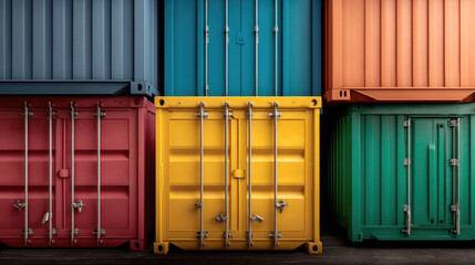 Colorful shipping container wall, stacked metal storage units, industrial background, urban organization, vibrant, geometric pattern