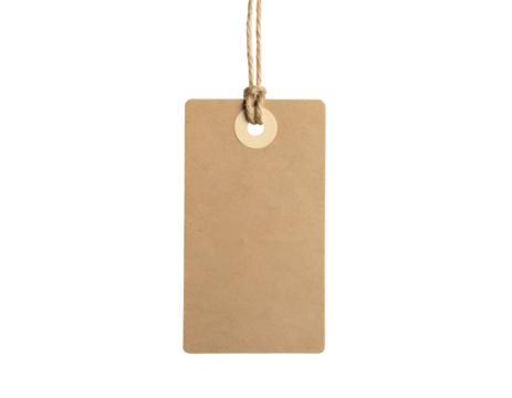 A plain brown tag with a string, hanging against a black background