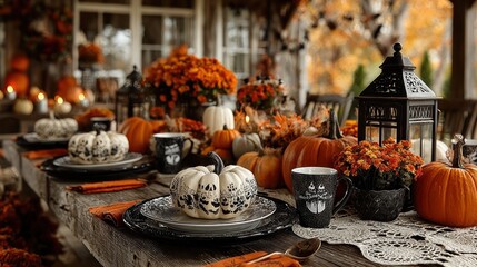 Elegant Halloween Table Setting with Pumpkins, Lanterns, and Autumnal Decorations for a Festive