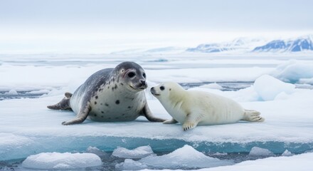 Fototapeta premium A curious seal and a white seal pup interacting