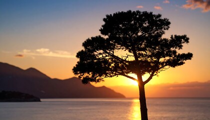 Silhouette of a pine tree at sunset over the sea