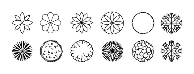 Collection of stylized floral and snowflake-like circular graphic elements
