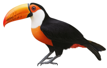 A toco toucan, isolated on transparent background, stands tall, showcasing its iconic oversized beak, a symbol of the rainforests vibrant biodiversity and unique beauty