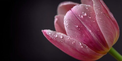A single, vibrant pink tulip dominates the frame, its petals delicately curved and glistening with water droplets. The flower is positioned on the right side of the image, creating a sense 