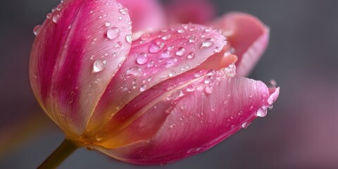 A vibrant pink tulip unfolds, its petals delicately curved and adorned with glistening water droplets. The flower?s rich coloration transitions from a deeper pink at the base to
