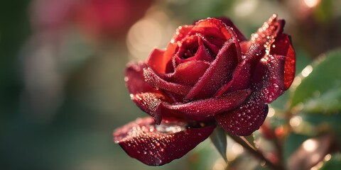 A vibrant, crimson rose blooms prominently in the foreground, adorned with glistening droplets of water. The rose?s petals are tightly furled, revealing a rich, deep red hue, 