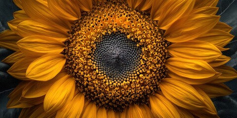 A striking, close-up photograph showcases a vibrant sunflower in sharp focus against a dark, textured background. The sunflower?s petals radiate outwards in shades of golden yellow and amber,