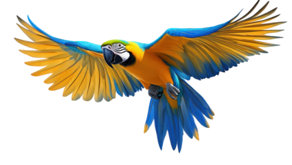 A blue and gold macaw, isolated on transparent background, soars with outstretched wings, showcasing its vibrant plumage and powerful flight in a stunning display