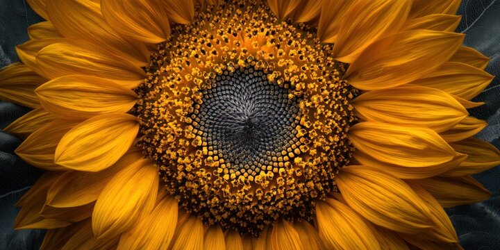 A striking, close-up photograph showcases a vibrant sunflower in sharp focus against a dark, textured background. The sunflower?s petals radiate outwards in shades of golden yellow and amber, - Powered by Adobe