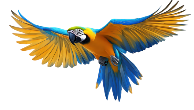 A blue and gold macaw, isolated on transparent background, soars with outstretched wings, showcasing its vibrant plumage and powerful flight in a stunning display