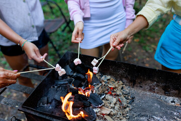 Fototapeta premium A girl's hand roasting heart-shaped marshmallows over a fire. Summer vacation fun.