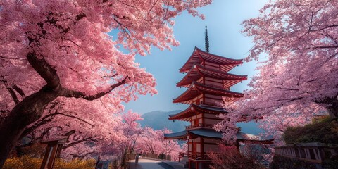 A stunning photograph captures a vibrant red pagoda nestled amidst a profusion of blooming cherry blossom trees. The pagoda, with its tiered roof and intricate details, stands prominently
