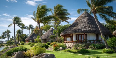 A serene coastal scene showcases three thatched-roof bungalows nestled amongst lush tropical vegetation and palm trees. The bungalows, constructed with stone and white walls,