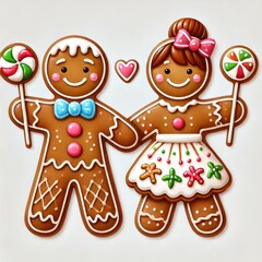 Fototapeta premium Two gingerbread cookies shaped like boy and girl holding lollipops with icing and candy decorations. Studio food photo. Christmas celebration.