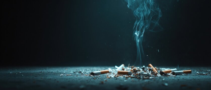 Cigarette butts with smoke rising on a dark background
