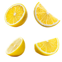 Set of fresh ripe yellow lemon fruit halves and wedges.