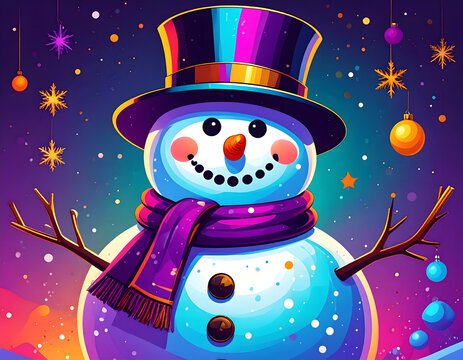 Colorful Festive Snowman with Top Hat and Scarf in Winter Wonderland