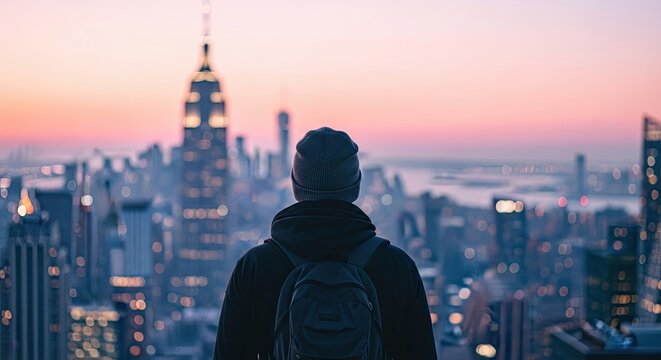 Man with backpack admiring city skyline at sunset