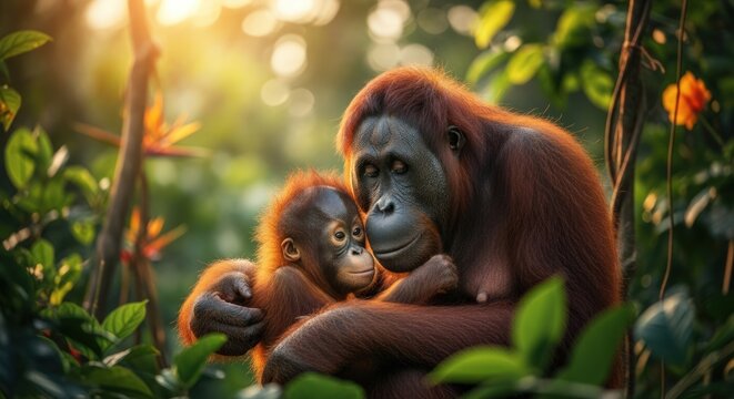 A tender adult orangutan embracing a juvenile in a lush forest with warm, golden sunlight filtering through the foliage.