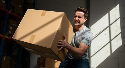 Warehouse worker grimacing in pain from back strain while attempting to lift a heavy box, illustrating the risk of workplace injury