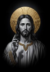 Artistic depiction of Jesus Christ with a golden halo and serene expression.