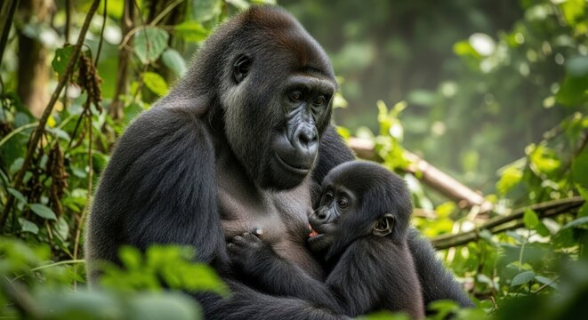 A gentle gorilla mother tenderly holds her baby in a lush, green forest with warm, natural lighting. - Powered by Adobe