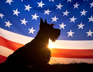 Silhouette of a Scottish Terrier against an American flag at sunset