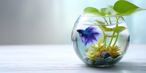 A vibrant betta fish swims gracefully within a clear, spherical glass bowl. The bowl is adorned with a single, lush green plant and decorative pebbles, creating a miniature aquatic landscape. 