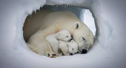 A mother polar bear and her two cubs snuggle together in a snowy den with icicles, conveying a warm and protective mood.