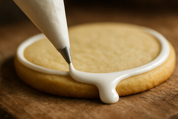 Royal Icing Artistry Close-up of cookie being decorated with white frosting for baking and sweets