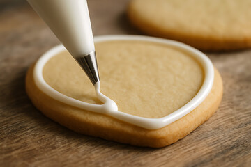 Close-up of a hand decorating a heart-shaped cookie with royal icing for Valentine's Day