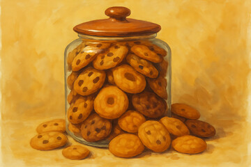 A tempting glass cookie jar overflowing with freshly baked chocolate chip cookies and other delicious treats, ready for a sweet indulgence and delightful moments