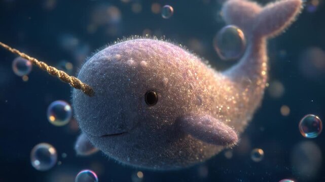 A sparkly narwhal floats surrounded by iridescent bubbles in a dark, underwater scene