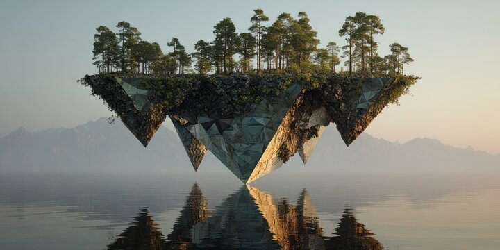 A surreal, digitally rendered image depicts a floating island composed of fractured, geometric crystal formations. The island is covered in a dense forest of evergreen trees, 