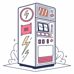 Retro futuristic energy charging station with lightning bolt symbols and a vintage screen displaying data and buttons