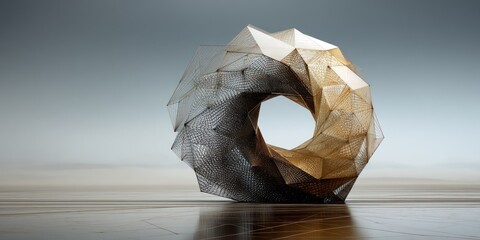 A striking, abstract sculpture dominates the foreground, resembling a complex, interwoven ring or donut. The sculpture is constructed from a metallic mesh, exhibiting a gradient of colors ?