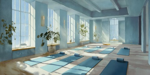 A serene yoga studio is bathed in cool, diffused light streaming through large, rectangular windows. The room is painted in shades of blue, creating a calming atmosphere