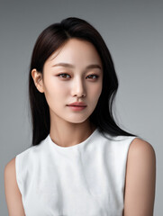 Fototapeta premium Elegant Korean woman with long black hair, natural makeup, and white sleeveless top, posing confidently against gray background